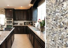 a kitchen with granite counter tops and brown cabinets