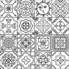 a black and white tile pattern with flowers, leaves and squares in the style of mexican tiles