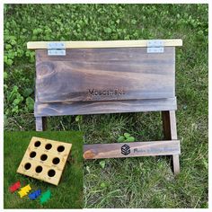 a wooden board game set sitting in the grass