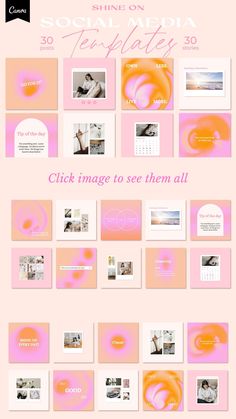 the social media templates are displayed in pink and orange colors, with different images on them