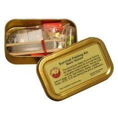 The Best Glide ASE Survival Fishing Kit, Basic Version is assembled in the U.S.A. in a durable, water resistant tin container that includes a rubber seal on the interior, vinyl tape seal on the exterior, and a silica gel desiccant to keep the contents free from moisture - this isn't an altoids tin with hinges. The Best Glide ASE Survival Fishing Kit, Basic Version was designed as a collaborative effort between survivalists and avid fishermen and meets both Canada and Alaska overflight requiremen Tip Up Box Ice Fishing, Altoid Tin Fishing Kit, Water Bottle Survival Kit, Survival Fishing Kit, Survival Fishing, Salmon Eggs, Altoids Tins, Survival Items, Fishing Kit