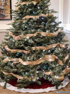 a decorated christmas tree with gold ribbon