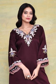 Dark brown straight kurta with placement floral hand embroidery. Paired with a pant with embroidered buttis. - Aza Fashions Silk Embroidered Top With Intricate Embroidery, Elegant Salwar Kameez With Embroidered Neckline, Unstitched Salwar Kameez With Embroidered Neckline, Multicolor Embroidered Kaftan With Dabka Work, Elegant Kaftan With Multicolor Resham Embroidery, Elegant Kaftan With Floral Embroidery For Diwali, Elegant Floral Embroidered Kaftan For Diwali, Elegant Festive Multicolor Embroidered Kaftan, Festive Elegant Multicolor Embroidered Kaftan