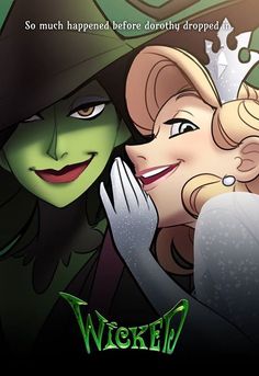 an animated image of two women dressed as witches, one with her face painted green and the other wearing a black hat