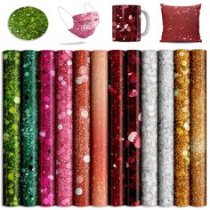 various colors of sequins and glitter paper with matching pillows, coffee mug, and decorative items