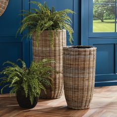 two planters sitting next to each other in front of a blue wall and wooden floor