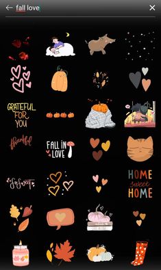 an image of some stickers on a black background with the words fall in love