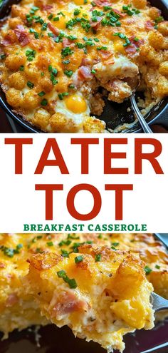 tater tot breakfast casserole in a pan with the title overlay