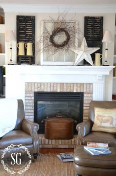 a living room with two chairs and a fire place in front of a mantle filled with books