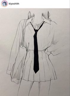 a drawing of a woman in a dress with a tie on her neck and long sleeves