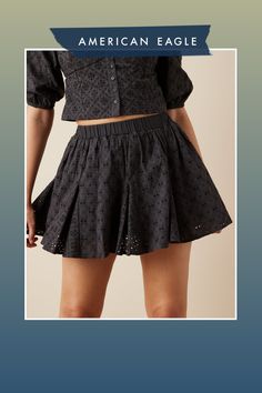 Lightweight woven cotton/Elastic waist/Floral eyelet detailing/Shorts underneath/This skort is Real Good: Made with the planet in mind & a promise to continue to do better. Skort Denim, Unique Skirt, Womens Skorts, Unique Skirts, Denim Skort, Eyelet Skirt, Black Mini Skirt, Mens Outfitters, Skorts