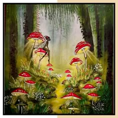 a painting of mushrooms in the woods with a man standing on one leg and another person holding an umbrella