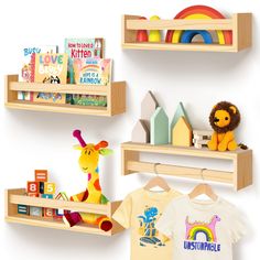 children's bookshelves and toys are arranged on wooden shelves against a white wall