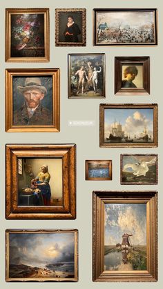 many different paintings are hanging on the wall