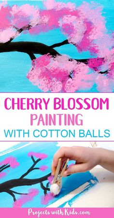 cherry blossom painting with cotton balls is an easy and fun art project for kids to do