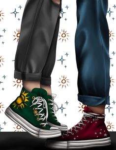 two people standing next to each other wearing green and red converse shoes with stars on them