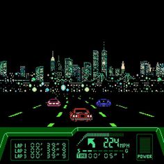 an old - school computer game with cars driving on the road in front of a city at night