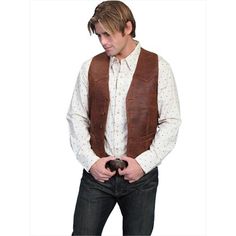 FeaturesLambskinbuttonfrontvestSinglepointyokesfront&back5buttonfrontTwofrontweltpocketsOneinsidepocketAcetateliningMadeinIndiaMaterial100%LeatherGenderMenColorBrownSize44ItemWeight1.36lbs. Mens Western Vest, Western Formal Wear, Western Vest, Leather Outerwear, Leather Wear, Western Leather, Leather Vest, Distressed Leather, Western Shirts