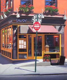 a painting of a restaurant called savor on the corner of an intersection in front of a building