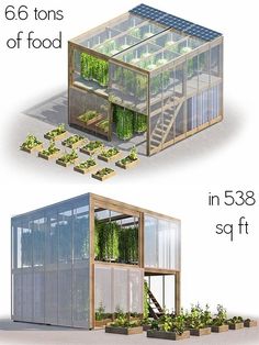 three different types of greenhouses with plants growing in them and on the roof, side by side