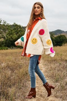 Patch Cardigan, Fall Winter Shoes, Face Patches, Long Sleeve Knitted Cardigan, Open Knit Cardigan, Open Knit Sweater, Warm Grey, Open Knit, Happy Face