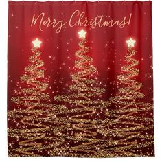 a christmas shower curtain with three trees on it and stars in the sky above them