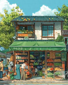 people are standing in front of a store with green awnings and plants on the roof