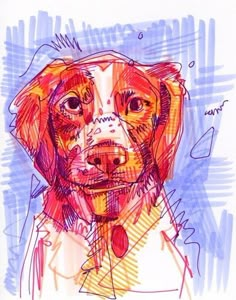 a drawing of a dog wearing a shirt and tie with his head tilted to the side