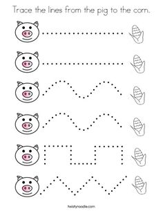 trace the lines from the pig to the corn worksheet for kids and toddlers