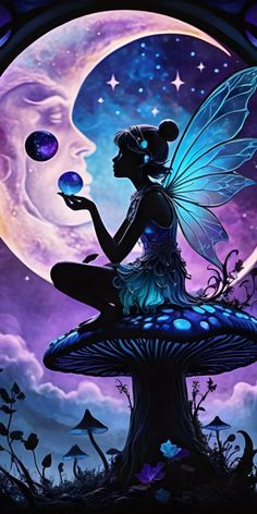 a fairy sitting on top of a mushroom holding a crystal ball in her hand and looking at the moon