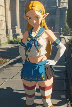 the legend of zelda is standing in front of a building with her hands on her hips