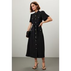 Black twill (95% Recycled Polyester, 5% Spandex). Hourglass. Short sleeves. Collar. Front button closure. 48.5" from shoulder to hemline. Imported. Military Chic, Puff Sleeve Dress, Rent The Runway, Closet Designs, Derek Lam, Puffed Sleeves Dress, Sleeve Dress, Puff Sleeve, Button Up