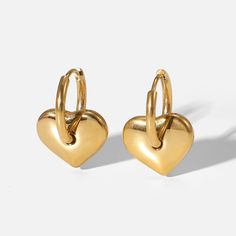 Heart Charm Earrings - Women's Earrings - Someone & HerOwn Chic Gold Heart Earrings For Everyday, Chic Everyday Gold Heart Earrings, Elegant Dangle Huggie Earrings With Heart Charm, Elegant Huggie Earrings With Heart Charm, Elegant Double Heart Huggie Earrings With Heart Charm, Elegant Hypoallergenic Huggie Heart Earrings, Tarnish Resistant Gold Plated Dainty Heart Earrings, Elegant Everyday Huggie Earrings For Valentine's Day, Elegant Rose Gold Huggie Heart Earrings