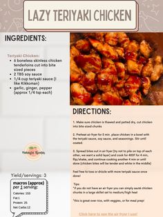 the recipe for lazy teriyaki chicken is shown in this brochure format