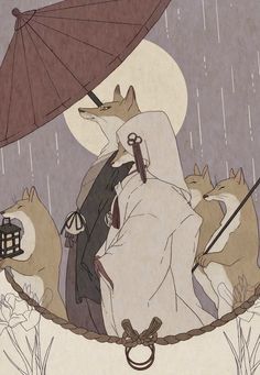 a drawing of a man holding an umbrella and two dogs sitting on the ground in the rain