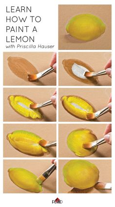 the steps to paint a lemon with acrylic paint on it's side