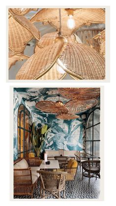 two pictures of the inside of a restaurant with wicker chairs and umbrellas hanging from the ceiling