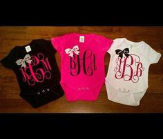 Girl Onesie Ideas, Baby Girl Onesie Ideas, Monogram Onesies, Onesie Ideas, Monogram Baby Girl, Blue Letters, Cricut Baby, Monogram Ideas, Making Bows