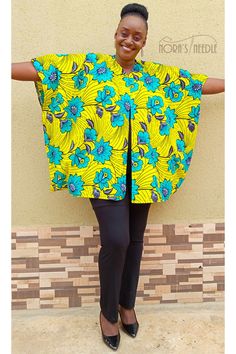 Made with 100% African print cotton fabric, this vibrant Kimono is sure to give you a sophisticated and classic look.  Dress up with pants, skirts and court shoe or dress down with leggings or jeans and a pair of sneakers. 100% cotton Ankara fabric in a vibrant print  Unlined For the beautiful days  Can be customized in other fabric of your choice. Plus Size Ankara Female Shirts, Ankara Tops Blouses Plus Size, Plus Size Ankara Blouse, Plus Size Poncho, Kimono Sewing Pattern, Ankara Kimono, Kitenge Designs, Simple Dress Casual