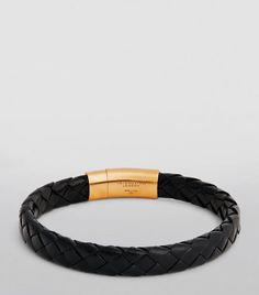 Tateossian Gold-plated Leather Braided Bracelet - Black | Editorialist Luxury Elegant Engraved Braided Bracelets, Luxury Elegant Engraved Braided Bracelet, Luxury Adjustable Braided Leather Bracelet, Luxury Gold Braided Bracelet, Luxury Black Leather Braided Bracelets, Braided Bracelet, Braided Leather Bracelet, Leather Weaving, Bracelet Black