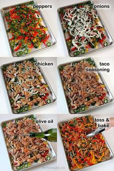 six pans filled with different types of food on top of a white countertop