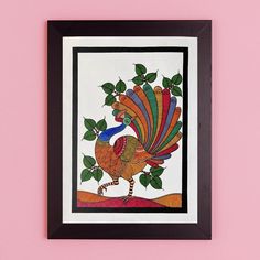 a painting on a pink wall with a black frame and a turkey in the middle