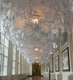 the ceiling is decorated with white snowflakes and lights hanging from it's sides