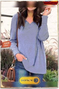 Khaki Long Sleeve V Neck Cotton-blend Shirts & Tops Plain V-neck Top For Fall, Solid V-neck Shirt For Fall, Fall Blue Solid Color Tops, Casual Plain Tops For Fall, Fall Patterns, Spring And Fall, Ladies Tops Fashion, Shirts Tops, Types Of Sleeves