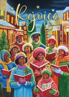 a painting of people singing in front of a christmas tree with the words rejoica written on it