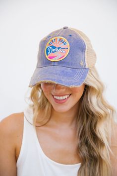 SUNSET DIRT ROAD DARLIN PATCH HAT Hats Judith March DENIM DISTRESSED Dirt Road, Distressed Denim, Trucker Hat, Baseball Hats, Coral, Hats