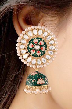 I Jewels 18k Gold Plated Traditional Handcrafted Kundan Pearl Studded Meenakari Jhumki Earring for Women (E2917G) Stylish meenakari worked traditional 18k gold plated round stud earrings with lovely combination of colors from I Jewels. These earrings, made with Love by our karigar with real carftmanship, will complement any occasion ethnic wear. These beautiful earrings are handcrafted in alloy with pearls of good quality. Coated with high quality and thickness gold. Product Features: Color: Gre Festive Bridal Earrings With Meenakari, Festive Traditional Round Jhumkas, Traditional Gold Plated Meenakari Danglers, Temple Jewelry Style Round Jhumkas For Eid, Round Temple Jewelry Jhumkas For Eid, Traditional Round Pallu Jewelry For Navratri, Traditional Meenakari Gold-plated Danglers, Traditional Meenakari Danglers In Gold Plated, Traditional Green Jhumkas For Eid