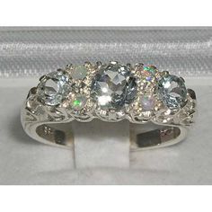 925 Solid English Sterling Silver Natural Aquamarine & Opal Filigree Victorian Trilogy Style Promise Ring - Made in England - Customizable Victorian Filigree, Lion Necklace, Natural Aquamarine, Australian Opal, Natural Opal, Anniversary Ring, Pink Tourmaline, White Gold Rings, Sterling Ring