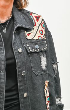 This Jackie Denim Jacket is the perfect combination of high-end fashion and everyday style. The two-toned fabric and distressed edges give it an edgy look, while the rhinestone pocket detail add a touch of glam and sophistication. Make a statement in this unique denim jacket. Edgy Medium Wash Cotton Denim Jacket, Edgy Denim Jacket With Button Closure, Trendy Patchwork Button-up Denim Jacket, Unique Denim Jacket, Luxury Patchwork Cotton Denim Jacket, Luxury Patchwork Denim Jacket, Edgy Look, High End Fashion, Pocket Detail