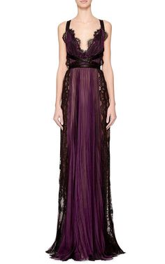 Pleated Lace Paneled Gown by Marchesa for Preorder on Moda Operandi Marchesa Fashion, Marchesa Gowns, Period Pieces, Purple Gowns, Red Gowns, Marchesa, Lace Gown, Long Dresses